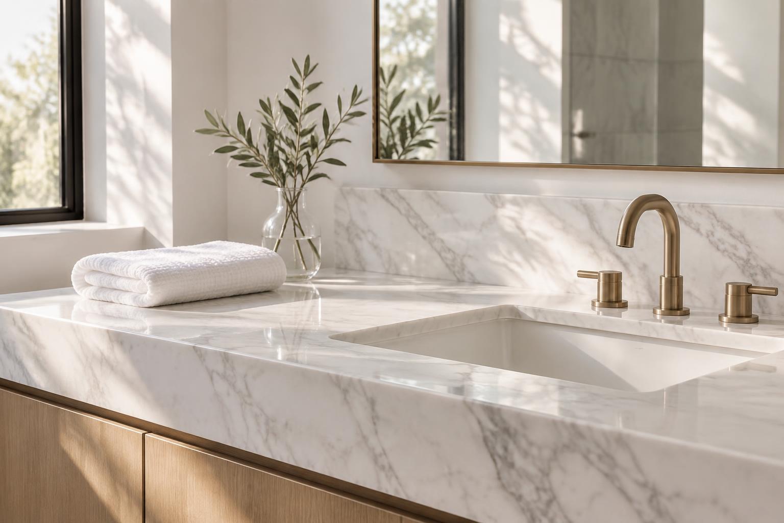 A calm marble vanity in morning light